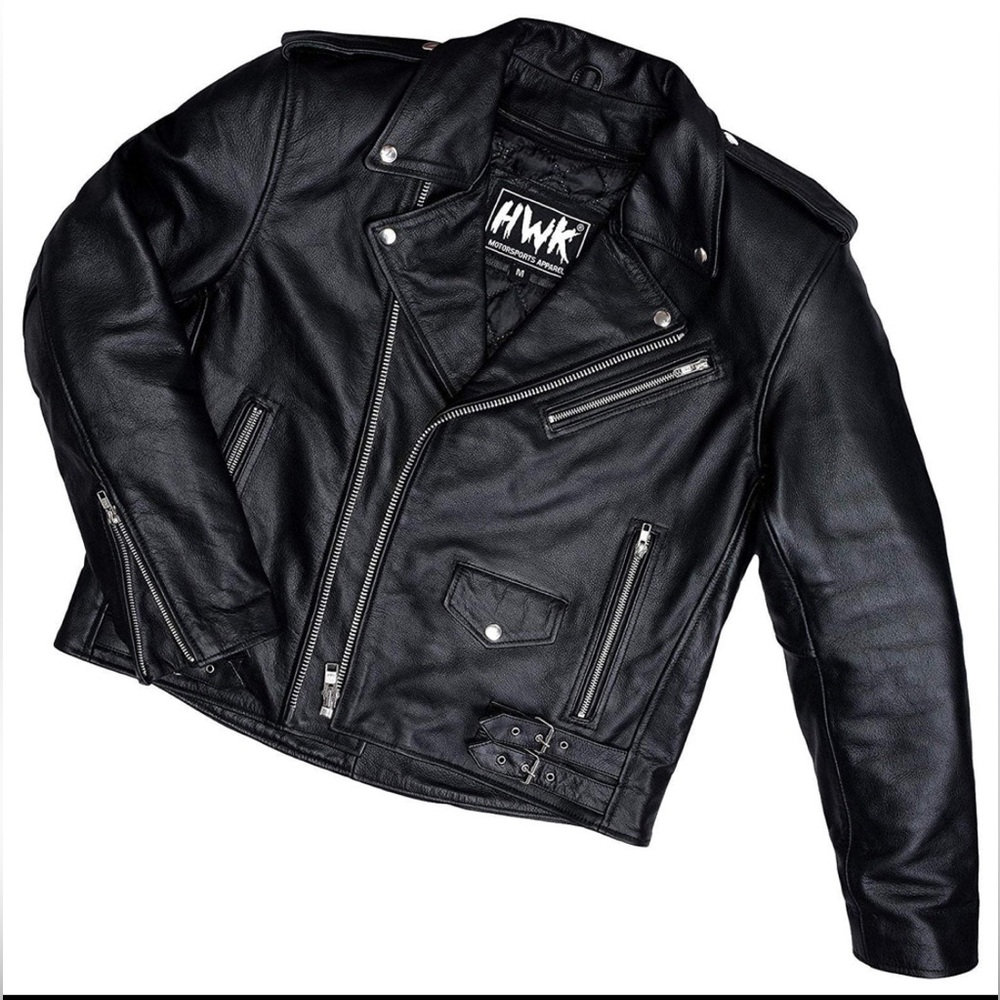 Hawk Motor Sports genuine leather motorcycle jacket, size large, EUC